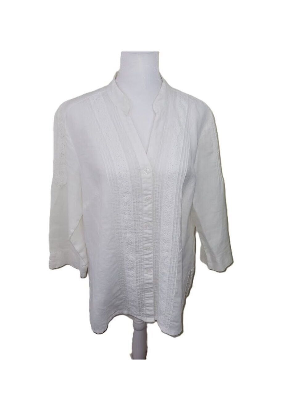 JM Collection 100% Linen White Blouse 3/4 Sleeve Button Front Women's Size 8
